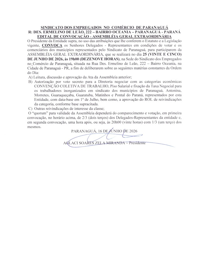 EDITAL DE CONVOCAÇÃO ASSEMBLEIA GERAL EXTRAORDINÁRIA DATA BASE JULHO/2026
