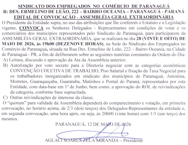 EDITAL DE CONVOCAÇÃO ASSEMBLEIA GERAL EXTRAORDINÁRIA DATA BASE JUNHO/2026