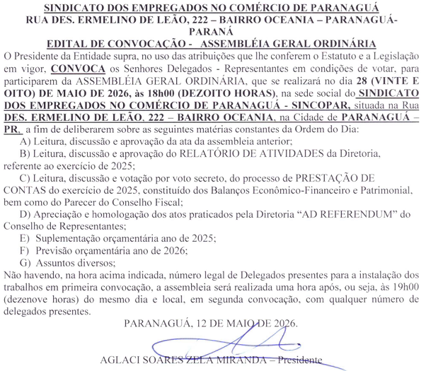 EDITAL DE CONVOCAÇÃO ASSEMBLEIA GERAL ORDINÁRIA 2026